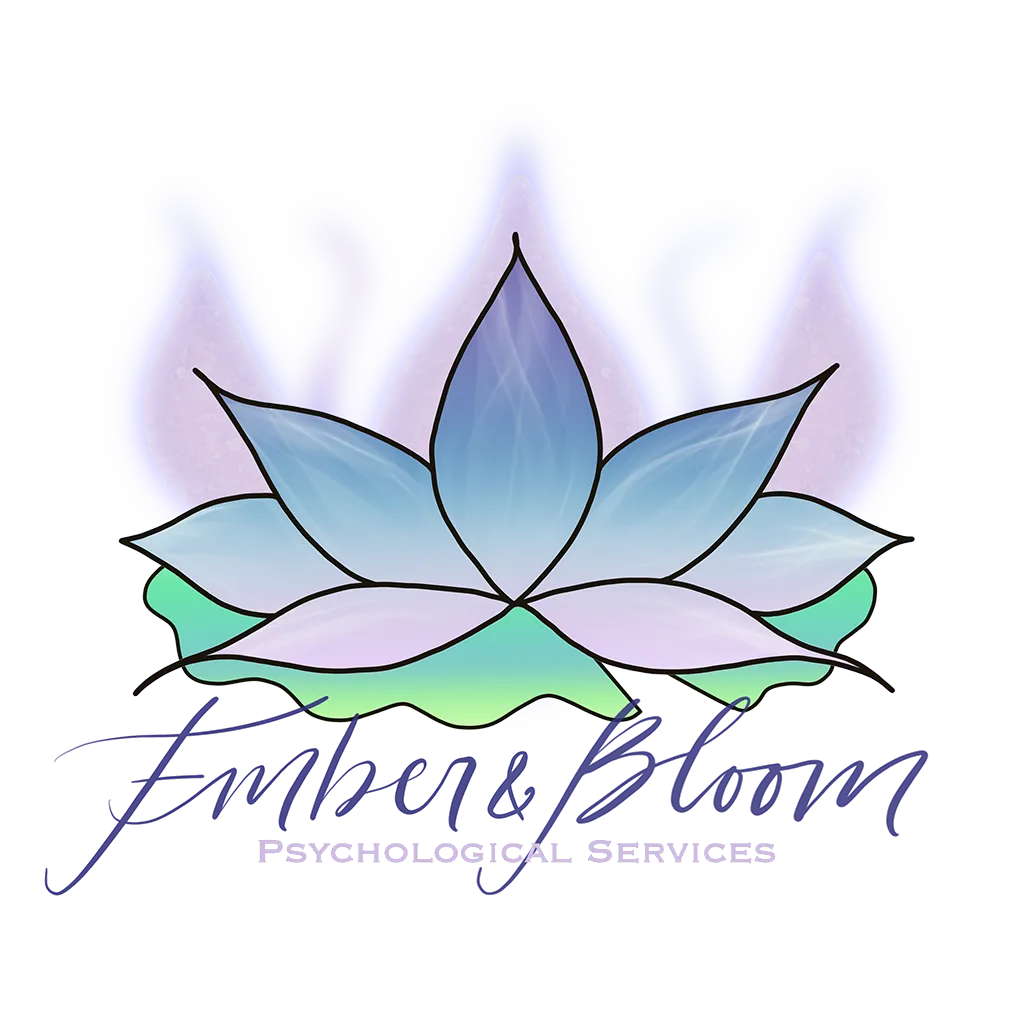 Purple and pink lotus flower on a green lily pad. The words Ember and Bloom are below it.